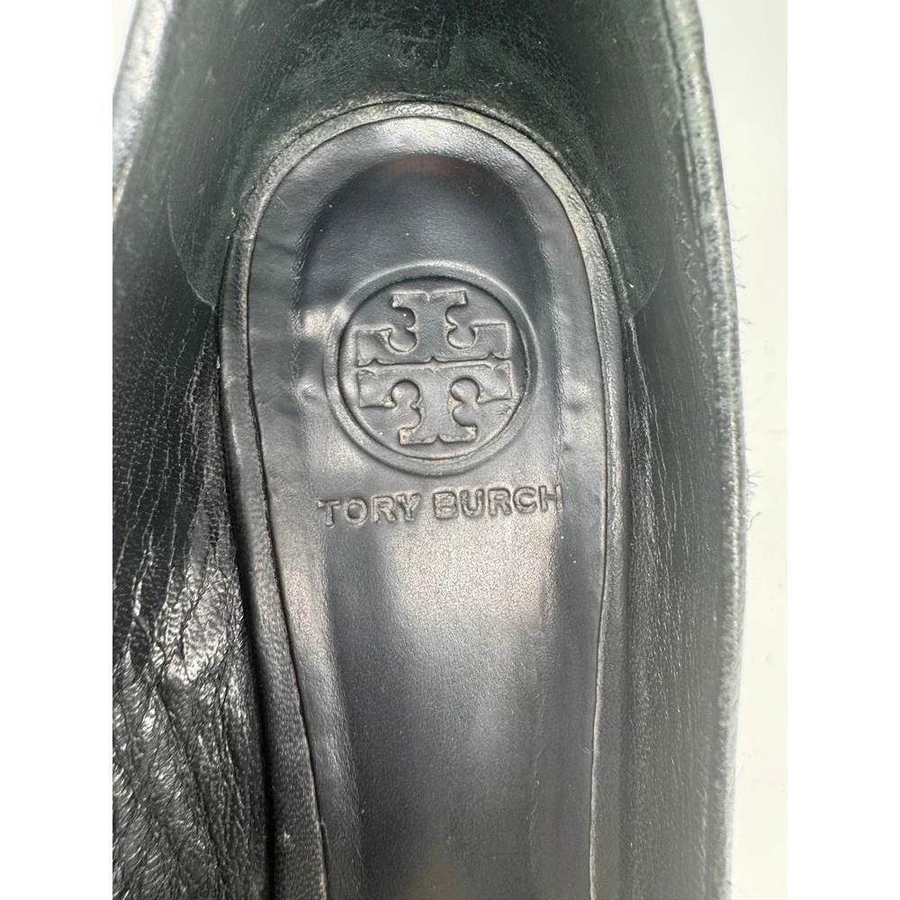 Tory Burch Wedge Heels Women 5 Black Leather Peep Toe Logo Medallion